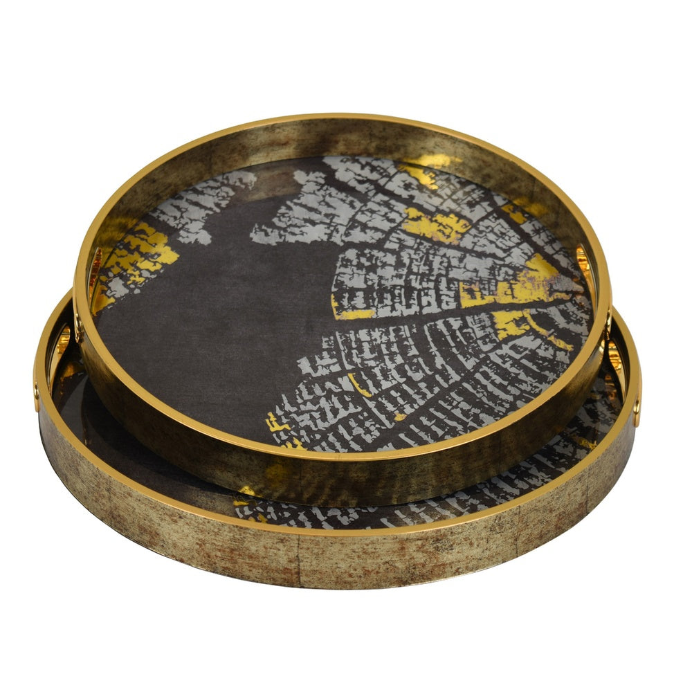 Archy Round Tray, Set of 2, Abstract Patterns, Black-Gold Polyurethane-BM353491