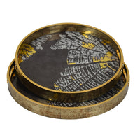 Archy Round Tray, Set of 2, Abstract Patterns, Black-Gold Polyurethane-BM353491
