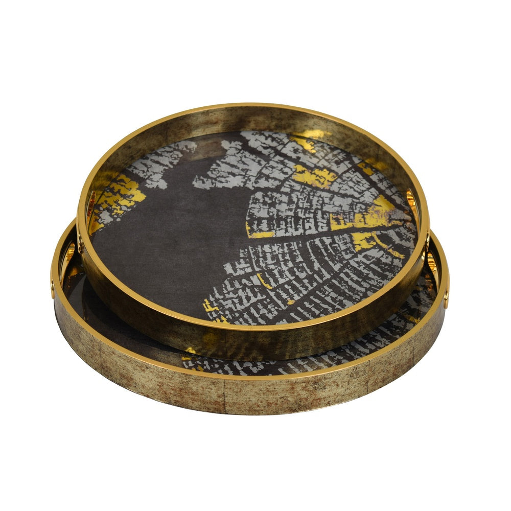 Archy Round Tray, Set of 2, Abstract Patterns, Black-Gold Polyurethane-BM353491