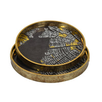 Archy Round Tray, Set of 2, Abstract Patterns, Black-Gold Polyurethane-BM353491