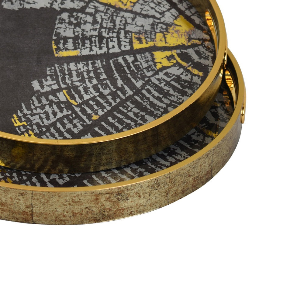 Archy Round Tray, Set of 2, Abstract Patterns, Black-Gold Polyurethane-BM353491