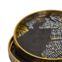 Archy Round Tray, Set of 2, Abstract Patterns, Black-Gold Polyurethane-BM353491