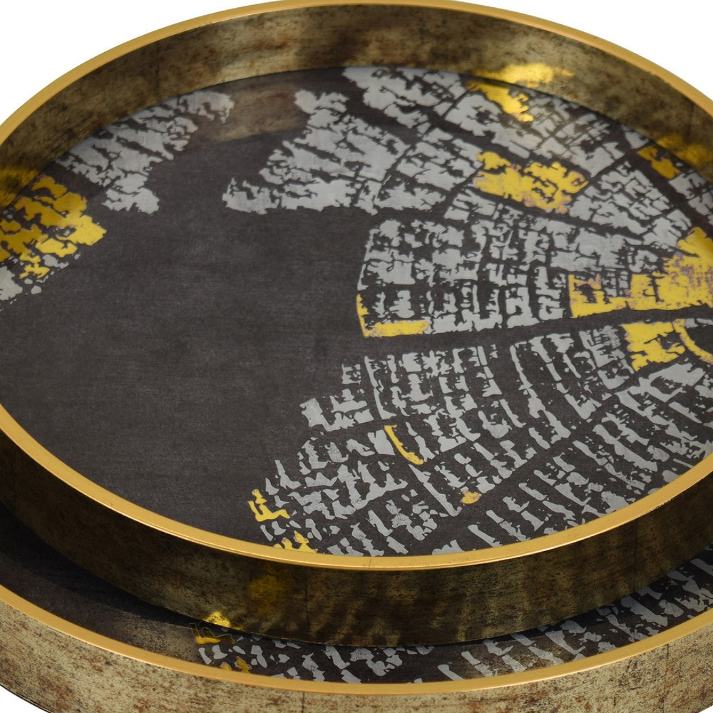 Archy Round Tray, Set of 2, Abstract Patterns, Black-Gold Polyurethane-BM353491