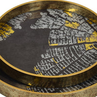 Archy Round Tray, Set of 2, Abstract Patterns, Black-Gold Polyurethane-BM353491