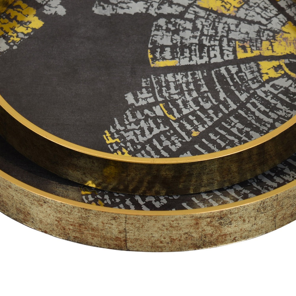 Archy Round Tray, Set of 2, Abstract Patterns, Black-Gold Polyurethane-BM353491
