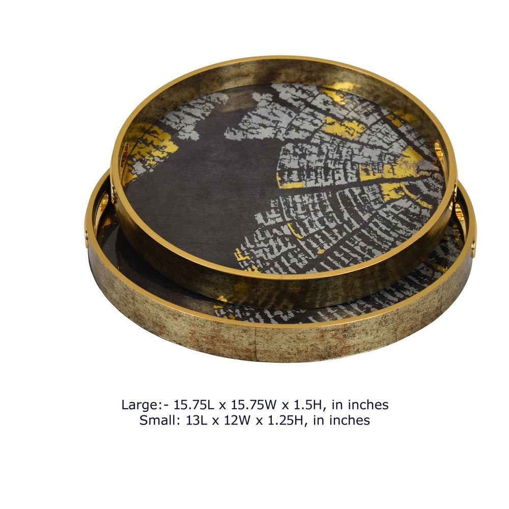 Archy Round Tray, Set of 2, Abstract Patterns, Black-Gold Polyurethane-BM353491