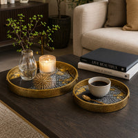 Archy Round Tray, Set of 2, Abstract Patterns, Black-Gold Polyurethane-BM353491