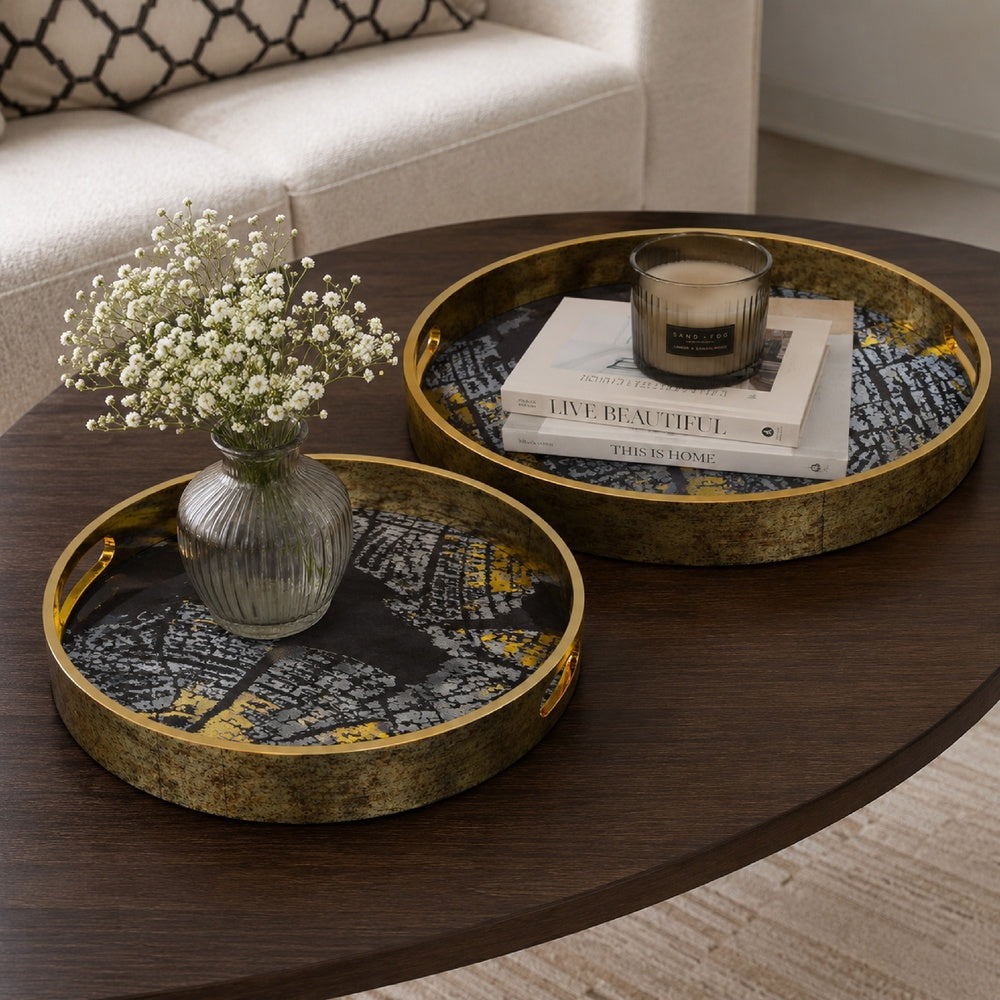 Archy Round Tray, Set of 2, Abstract Patterns, Black-Gold Polyurethane-BM353491