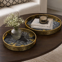 Archy Round Tray, Set of 2, Abstract Patterns, Black-Gold Polyurethane-BM353491