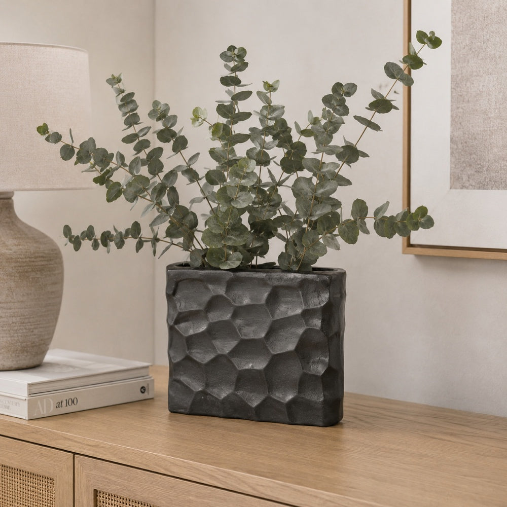 Posy Decorative Block Vase with Hammered Texture, Black Aluminum 12 Inch-BM353493