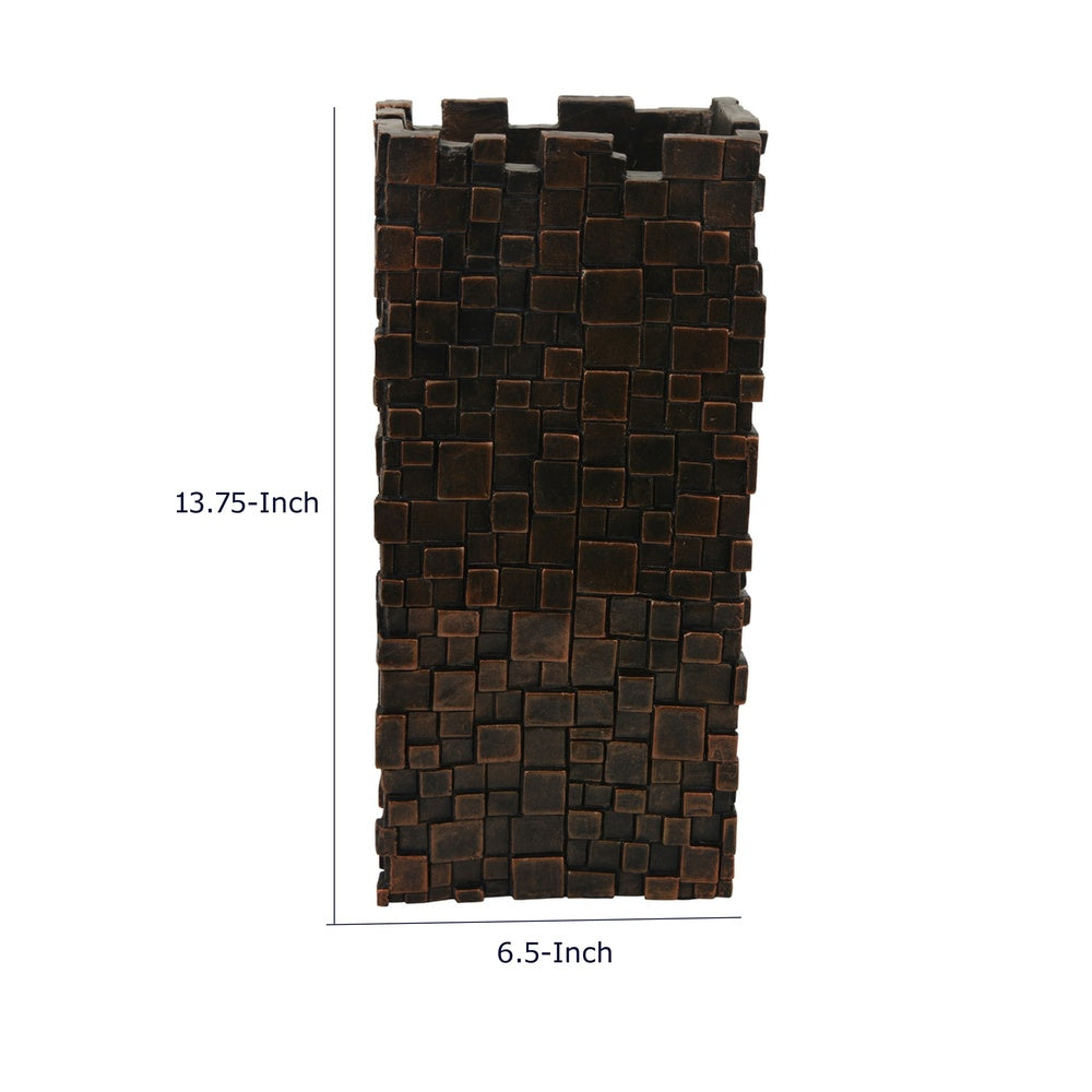 Dylan Tall Decorative Vase, Raise Square Pattern, Bronze Resin 14 Inch-BM353494