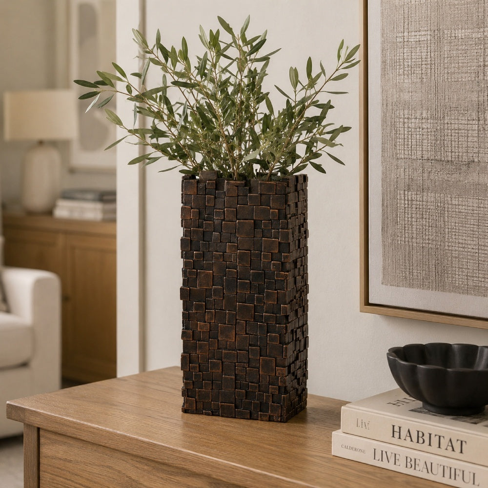Dylan Tall Decorative Vase, Raise Square Pattern, Bronze Resin 14 Inch-BM353494