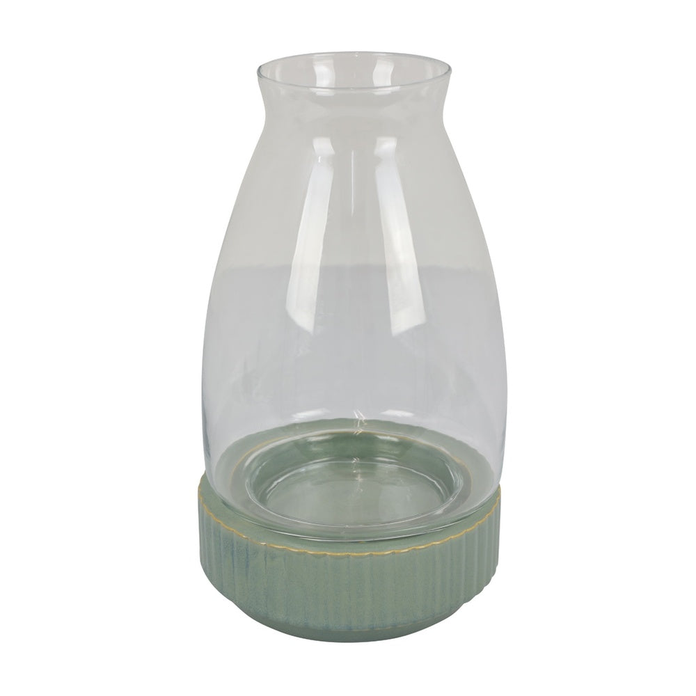 Ahna Modern Vase with Green Ribbed Ceramic Base, Clear Glass 16 Inch-BM353495