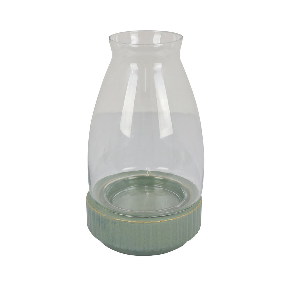 Ahna Modern Vase with Green Ribbed Ceramic Base, Clear Glass 16 Inch-BM353495