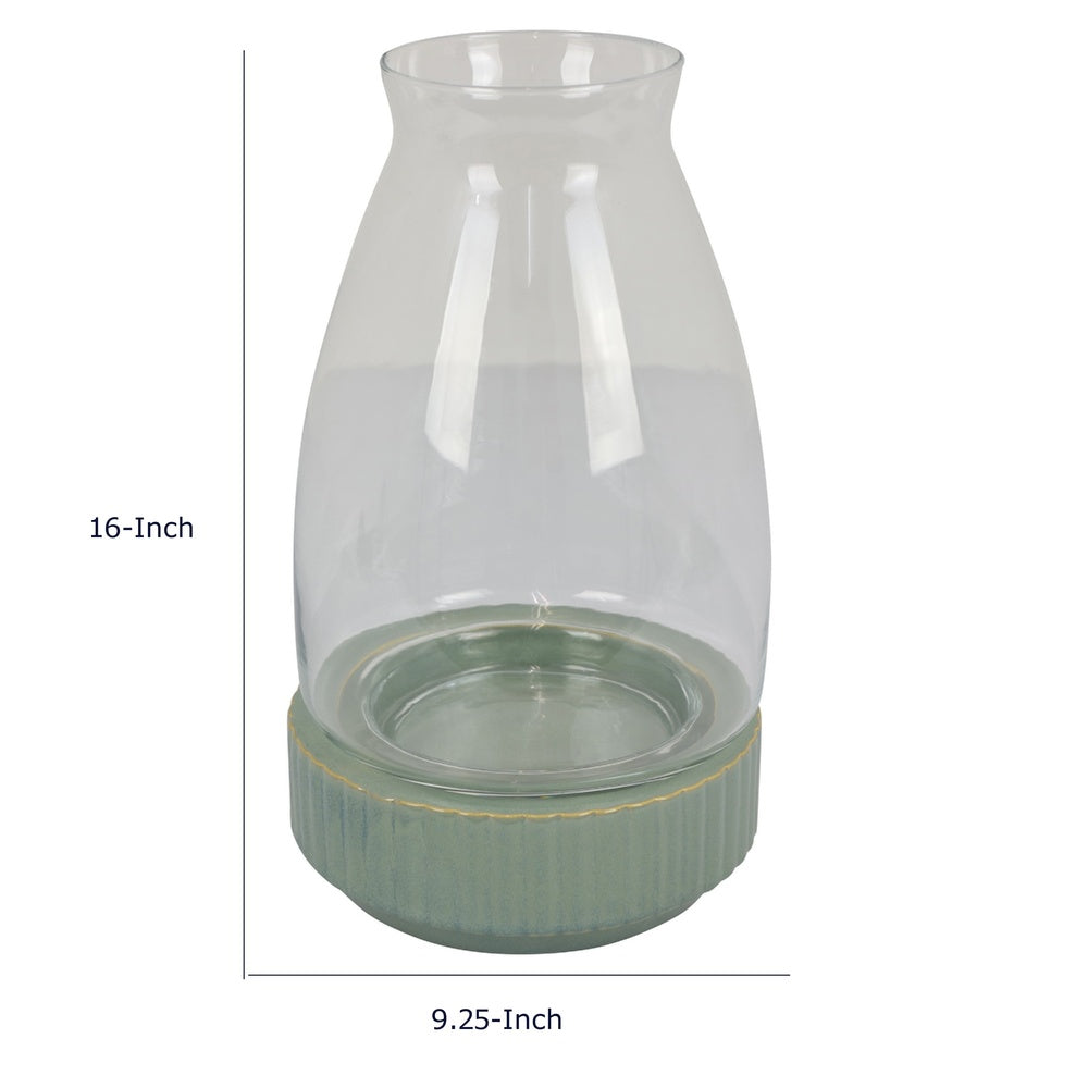 Ahna Modern Vase with Green Ribbed Ceramic Base, Clear Glass 16 Inch-BM353495