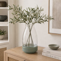 Ahna Modern Vase with Green Ribbed Ceramic Base, Clear Glass 16 Inch-BM353495