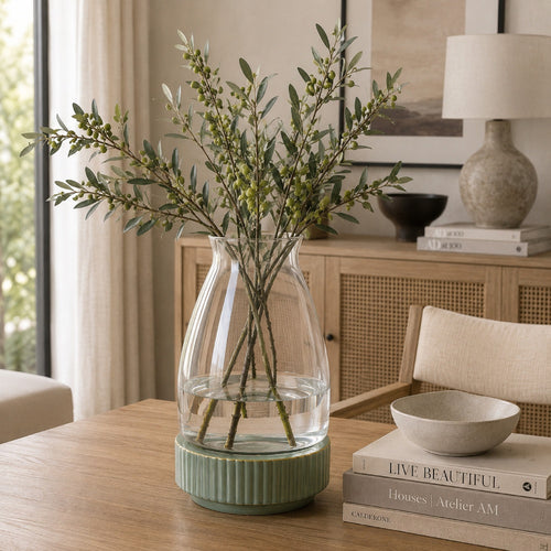 Ahna Modern Vase with Green Ribbed Ceramic Base, Clear Glass 16 Inch-BM353495