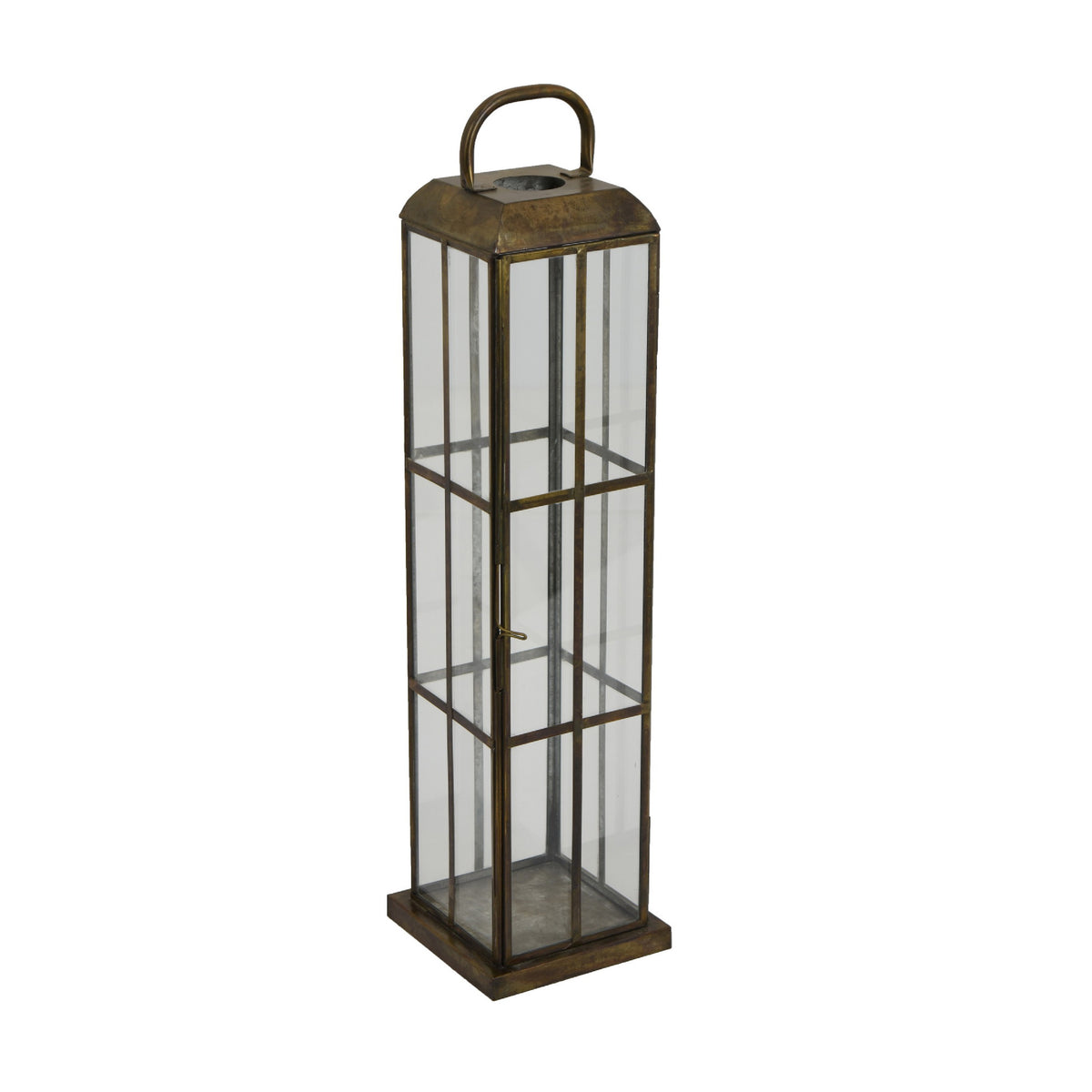 Esha 20 Inch Tall Lantern with Handle, Clear Glass Panels, Bronze Metal   - BM353496