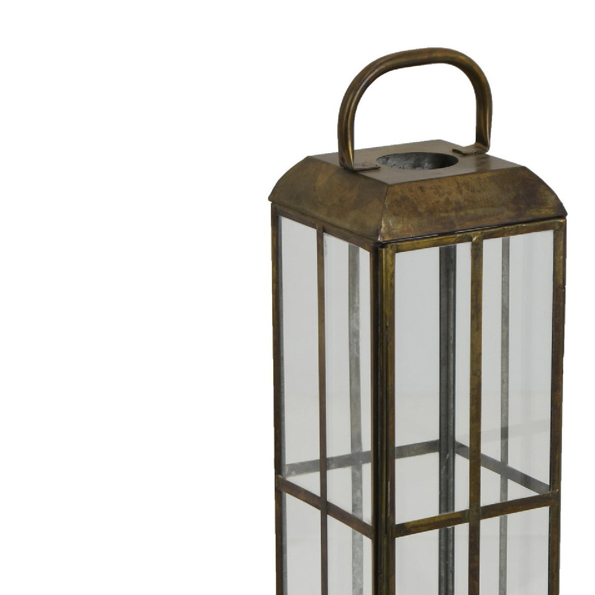 Esha 20 Inch Tall Lantern with Handle, Clear Glass Panels, Bronze Metal   - BM353496