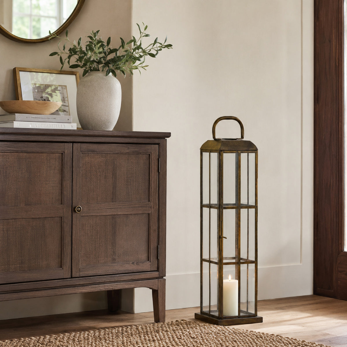 Esha 20 Inch Tall Lantern with Handle, Clear Glass Panels, Bronze Metal   - BM353496