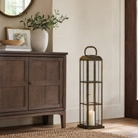 Esha 20 Inch Tall Lantern with Handle, Clear Glass Panels, Bronze Metal   - BM353496