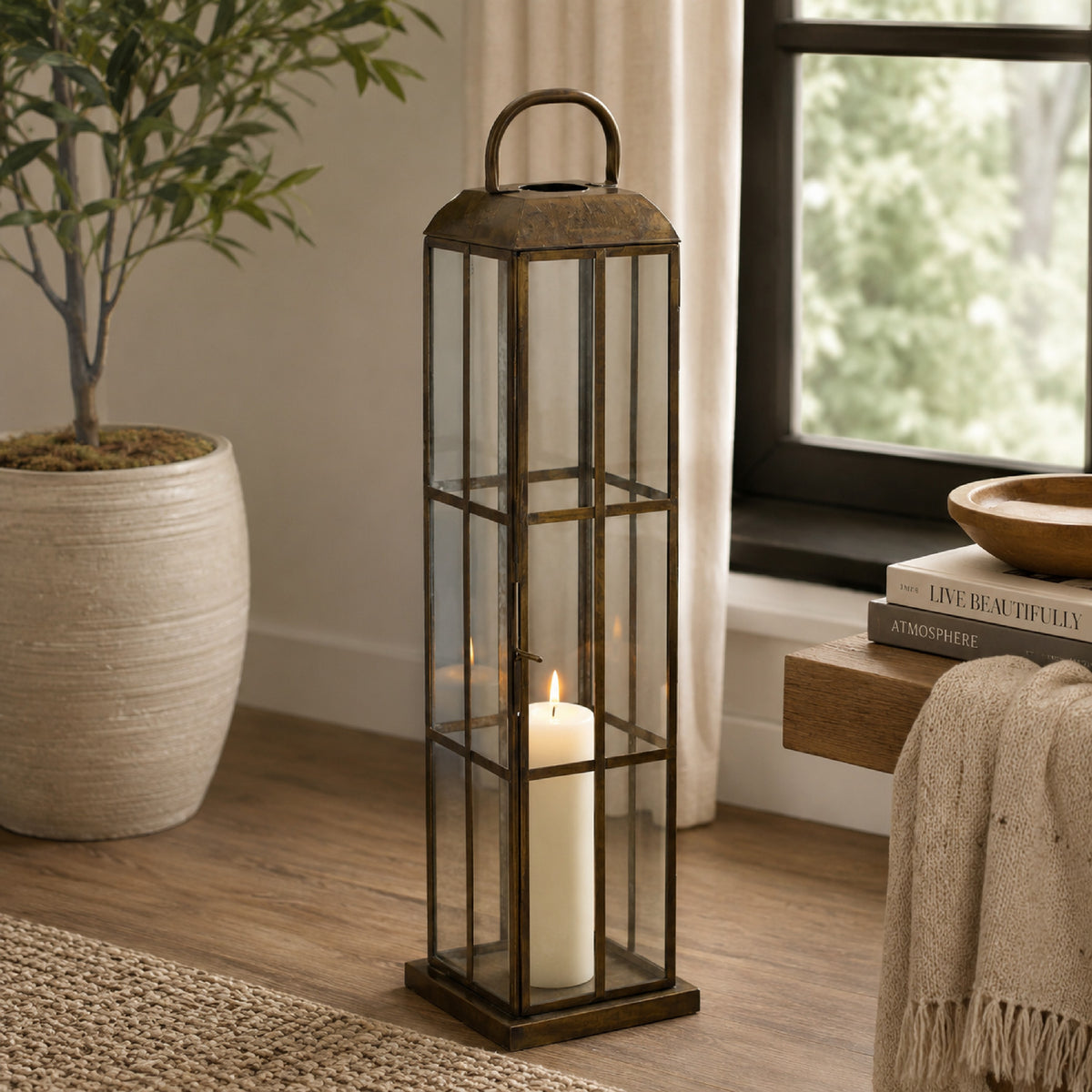 Esha 20 Inch Tall Lantern with Handle, Clear Glass Panels, Bronze Metal   - BM353496