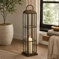 Esha 20 Inch Tall Lantern with Handle, Clear Glass Panels, Bronze Metal   - BM353496