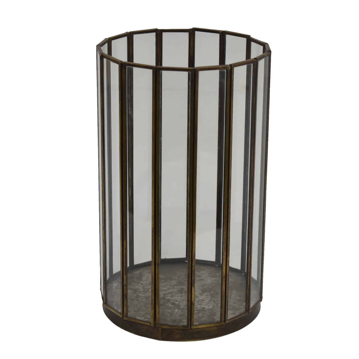 Bonie Glass Hurricane Candle Holder with Paneled Frame, Bronze Metal 10 Inch  - BM353497