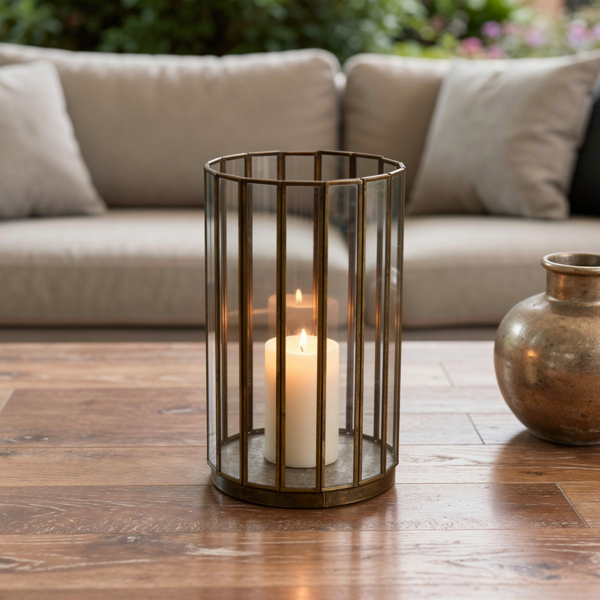 Bonie Glass Hurricane Candle Holder with Paneled Frame, Bronze Metal 10 Inch  - BM353497