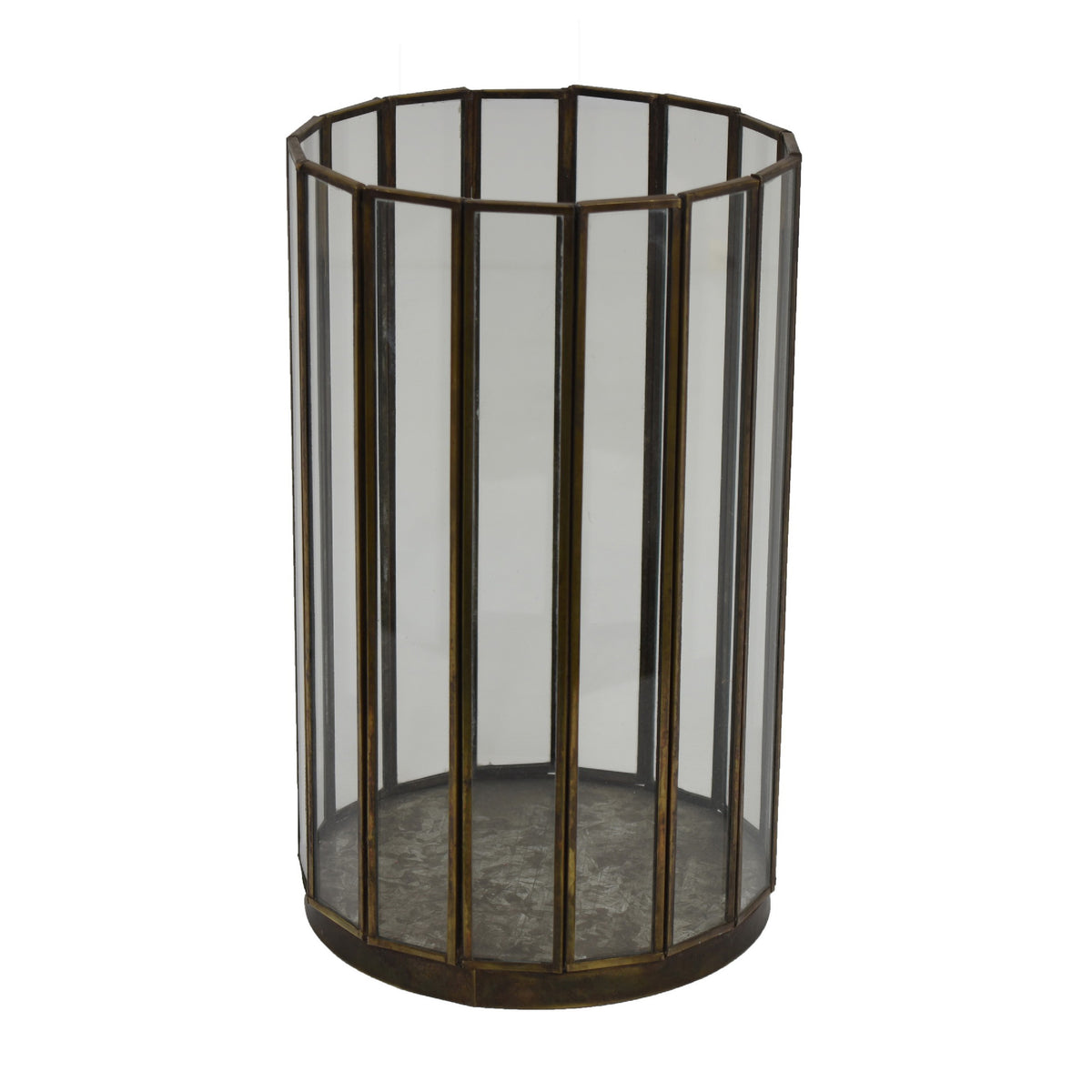 Bonie 7in Glass Hurricane Candle Holder with Paneled Frame, Bronze Metal  - BM353498