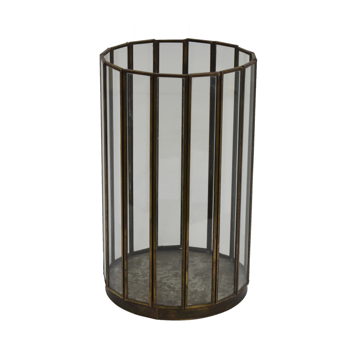 Bonie 7in Glass Hurricane Candle Holder with Paneled Frame, Bronze Metal  - BM353498