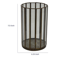 Bonie 7in Glass Hurricane Candle Holder with Paneled Frame, Bronze Metal  - BM353498