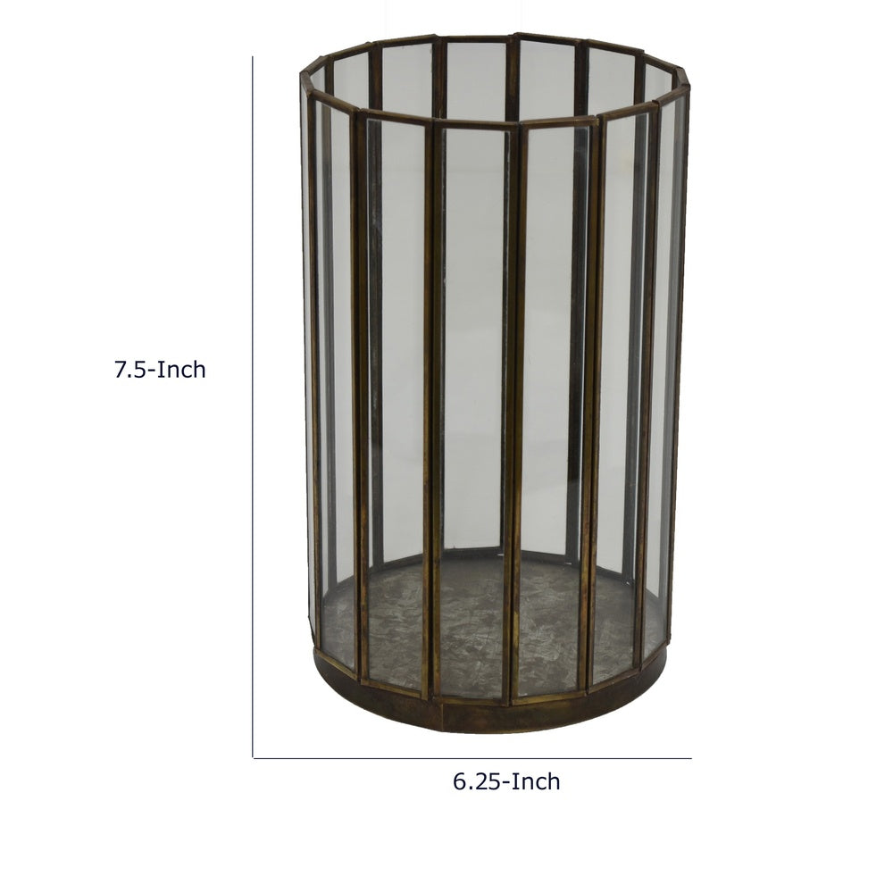 Bonie 7in Glass Hurricane Candle Holder with Paneled Frame, Bronze Metal  - BM353498