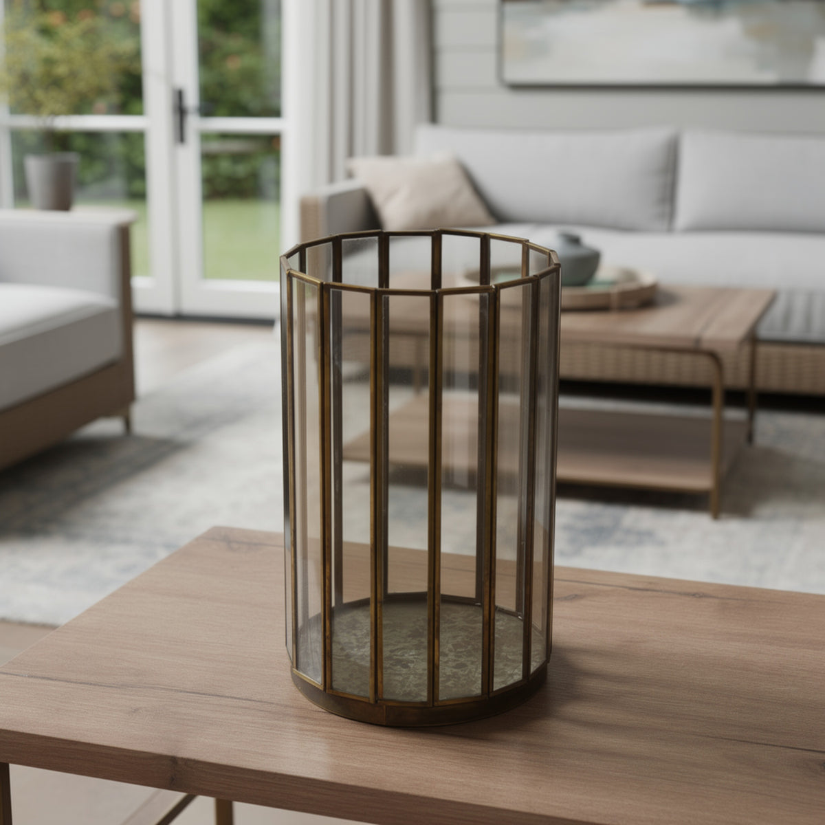 Bonie 7in Glass Hurricane Candle Holder with Paneled Frame, Bronze Metal  - BM353498