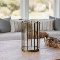 Bonie 7in Glass Hurricane Candle Holder with Paneled Frame, Bronze Metal  - BM353498