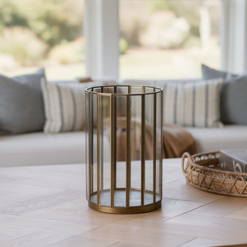 Bonie 7in Glass Hurricane Candle Holder with Paneled Frame, Bronze Metal  - BM353498