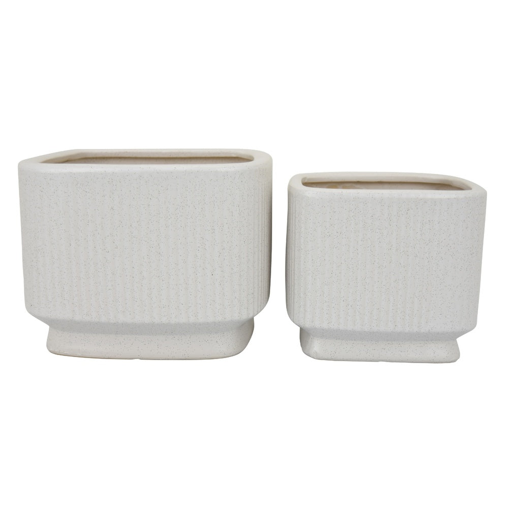 Jerry Planter with Ribbed Texture, Set of 2, White Speckled Ceramic -BM353499