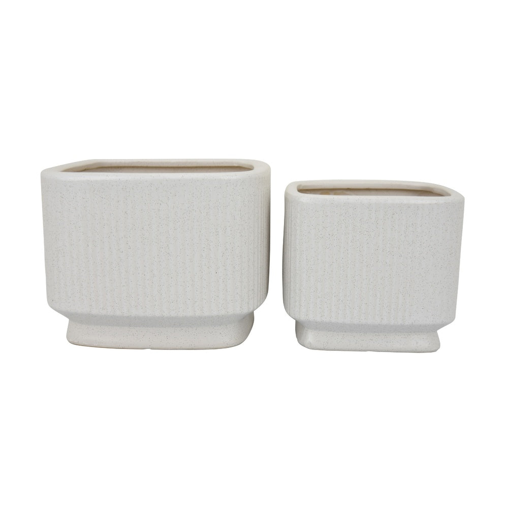 Jerry Planter with Ribbed Texture, Set of 2, White Speckled Ceramic -BM353499