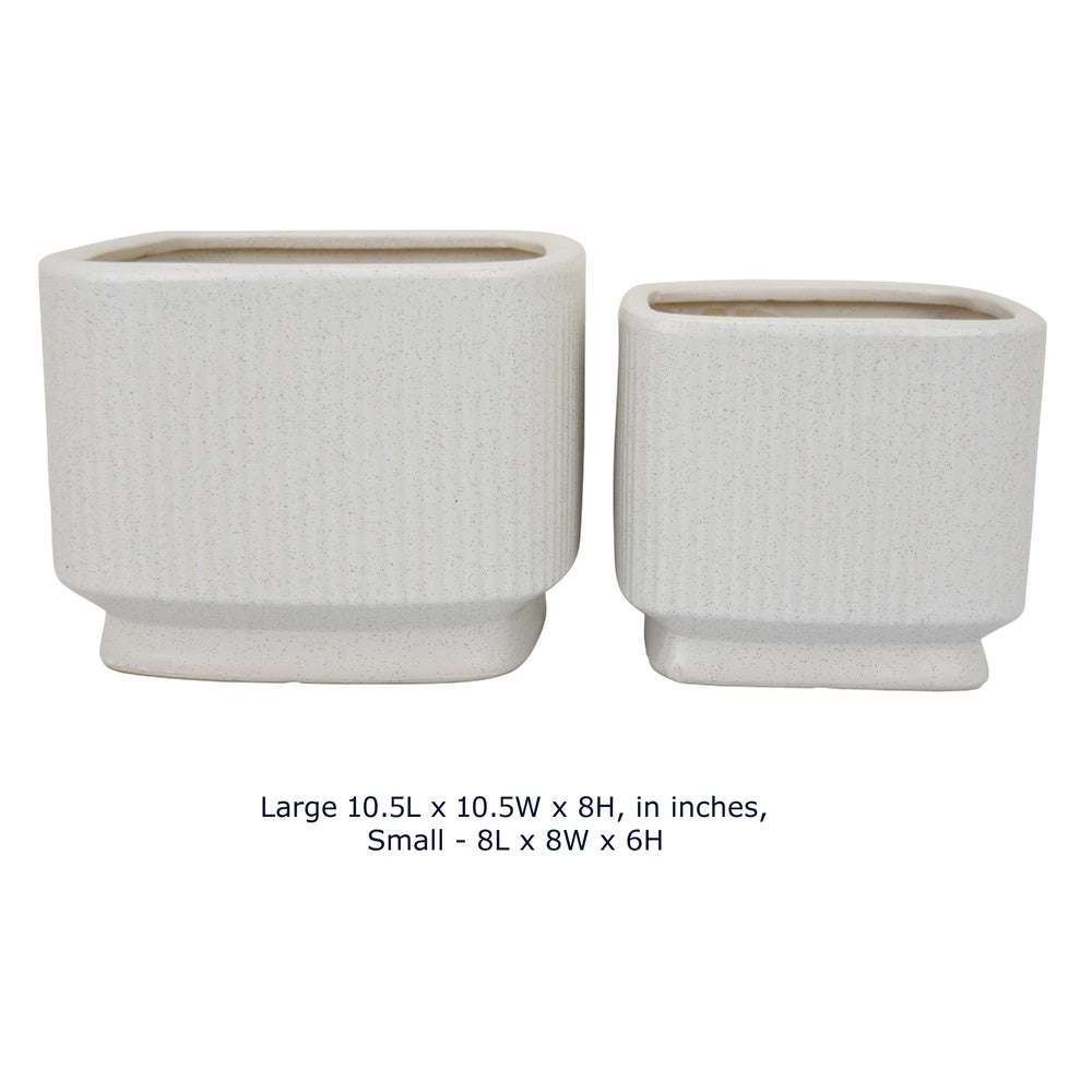 Jerry Planter with Ribbed Texture, Set of 2, White Speckled Ceramic -BM353499