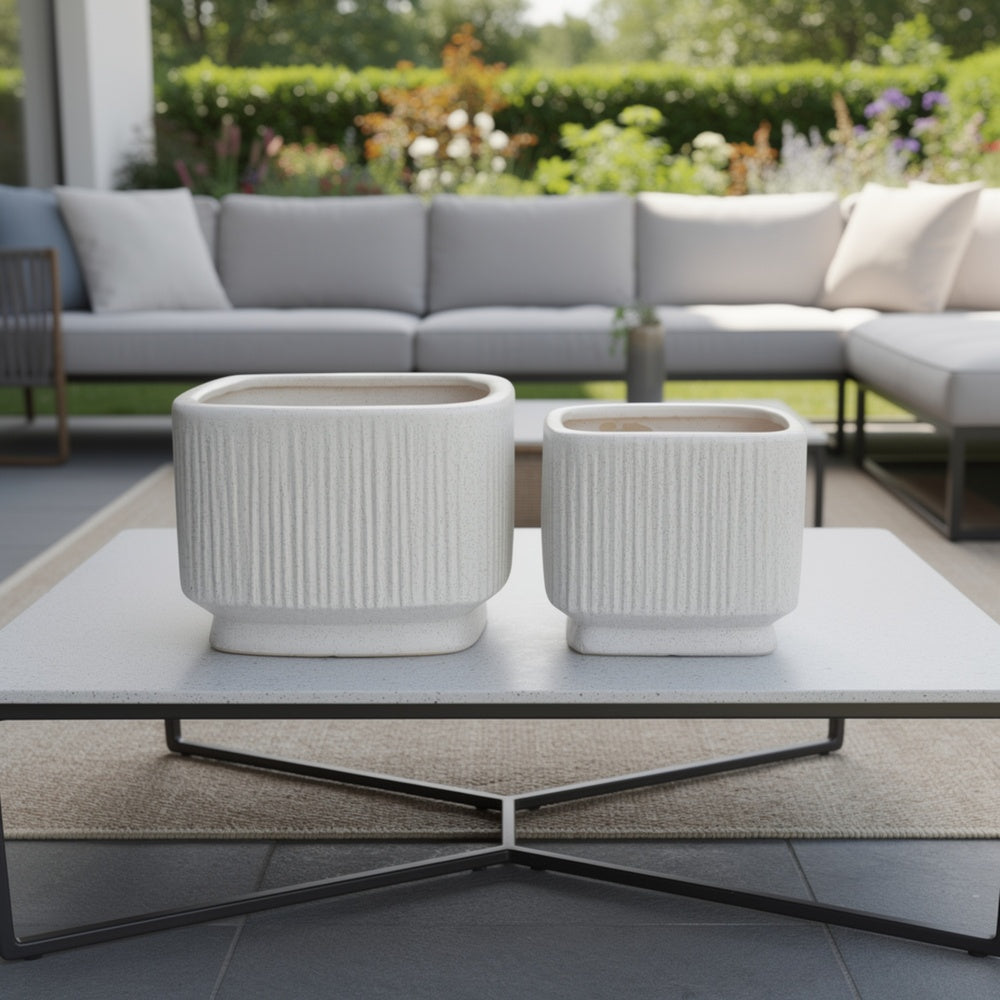 Jerry Planter with Ribbed Texture, Set of 2, White Speckled Ceramic -BM353499