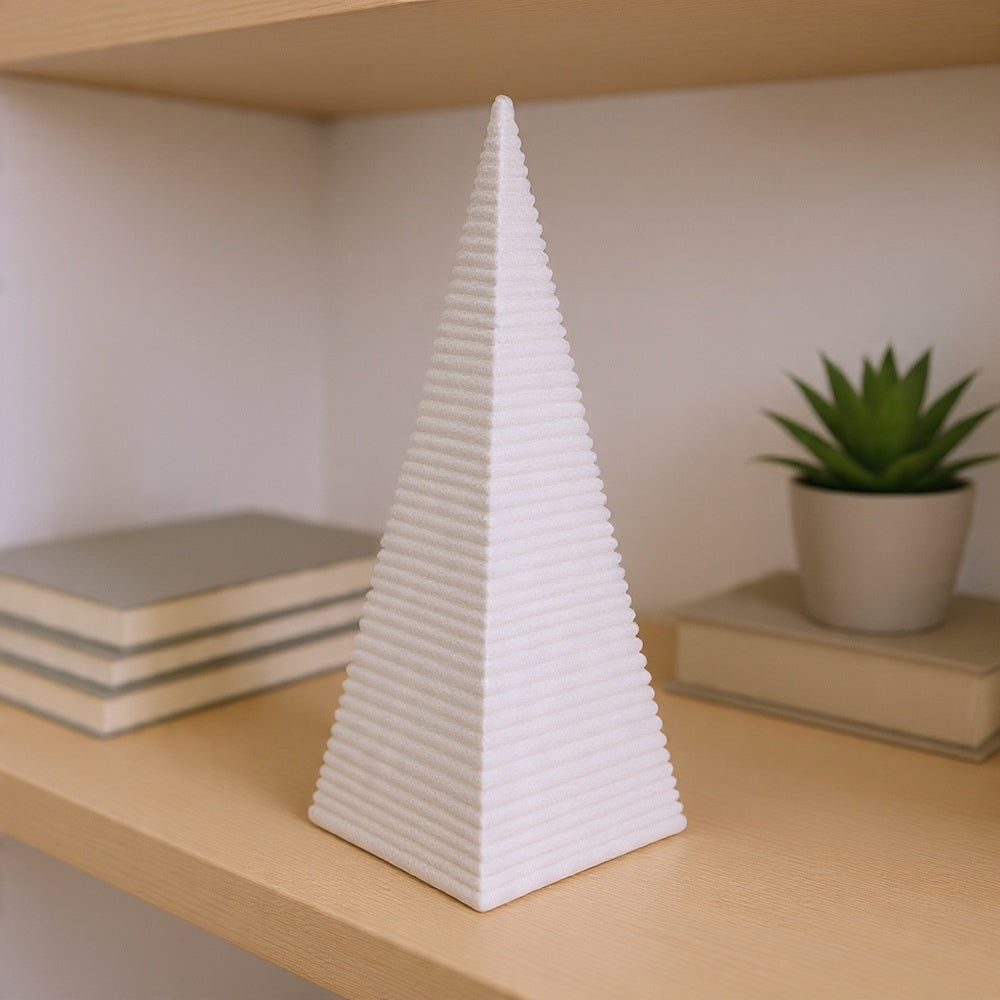 Fuji Decorative Pyramid Sculpture with Layered Ridges, White Resin-BM353501