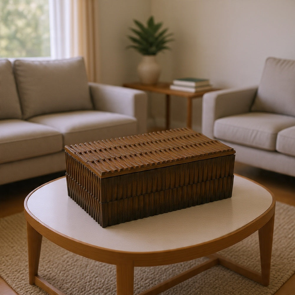 Suzie Decorative Storage Box with Textured Lid, Brown Ribbed Resin-BM353503