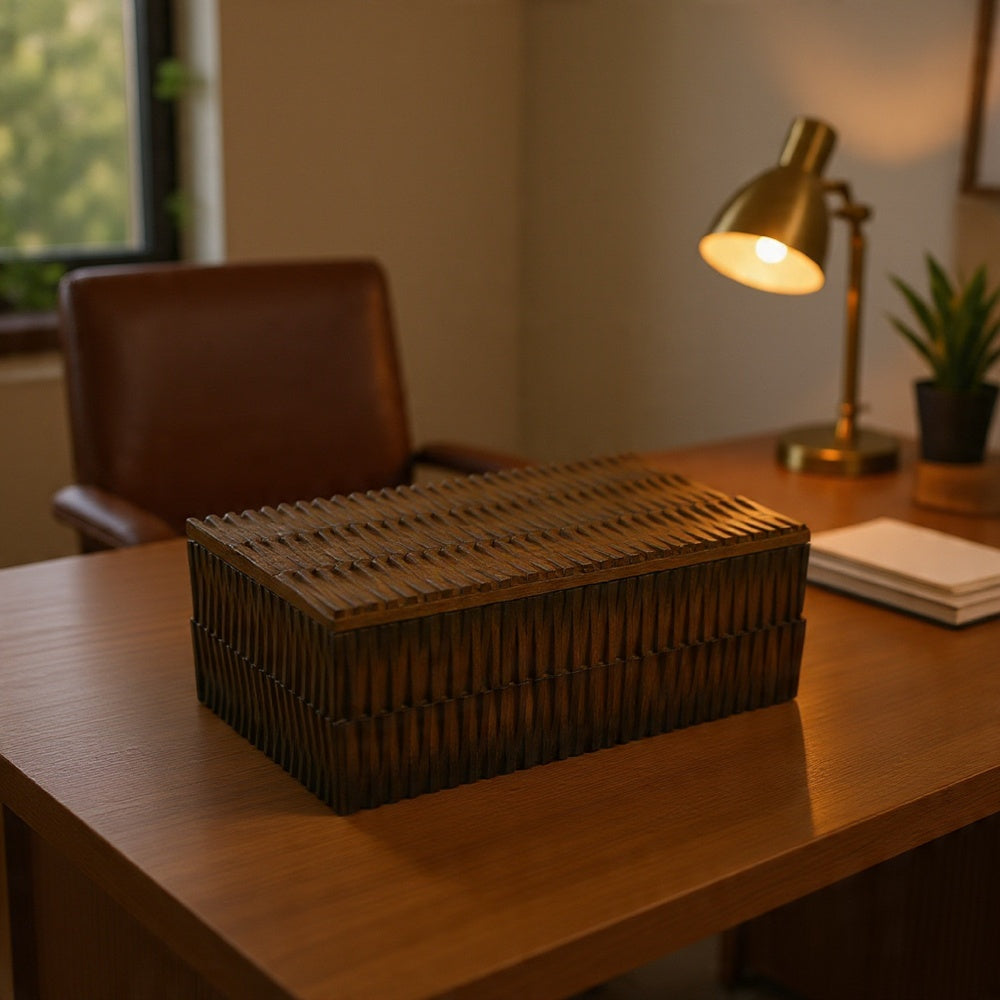 Suzie Decorative Storage Box with Textured Lid, Brown Ribbed Resin-BM353503