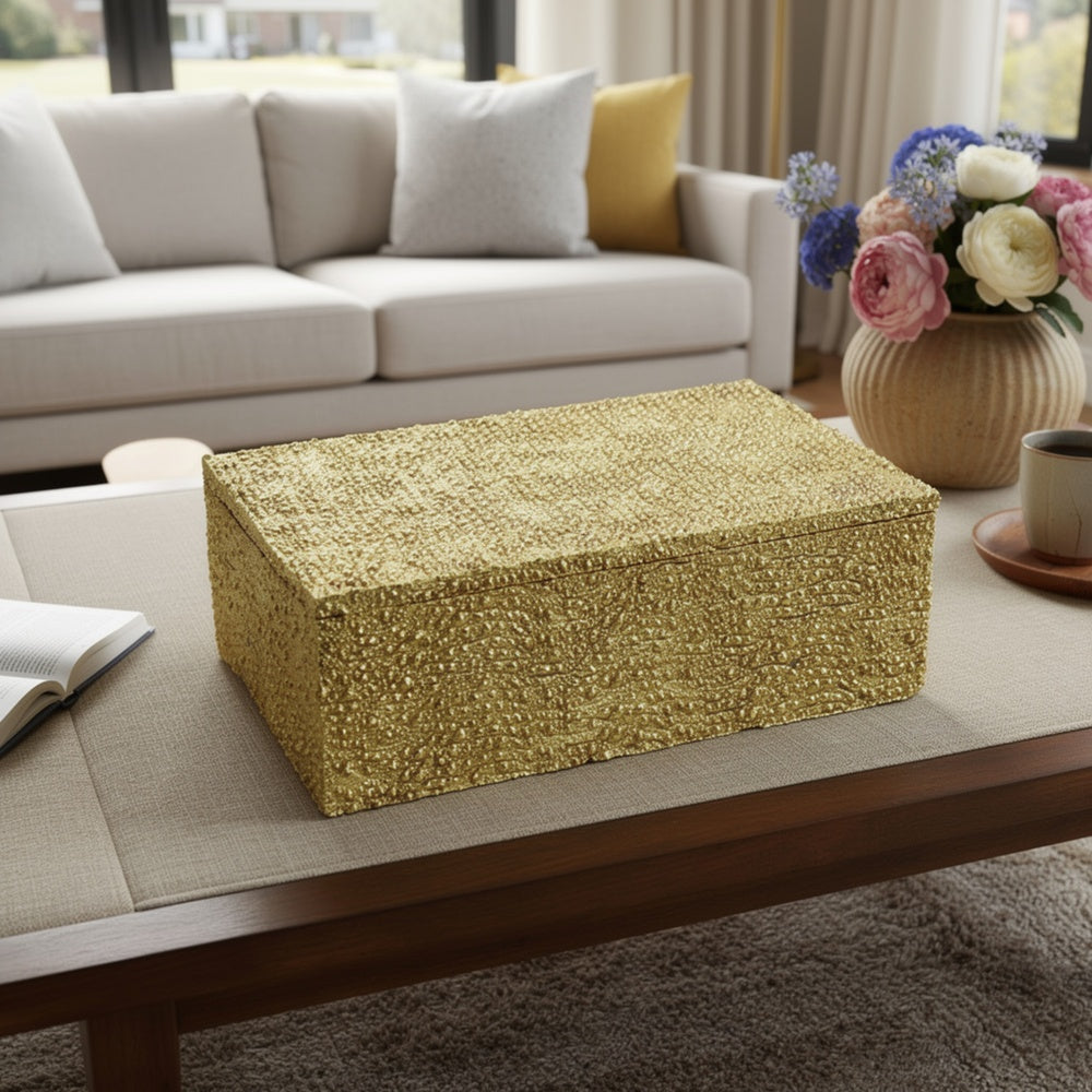 Suzie Decorative Box with Lid and Storage, Gold Textured Resin 12 Inch-BM353505