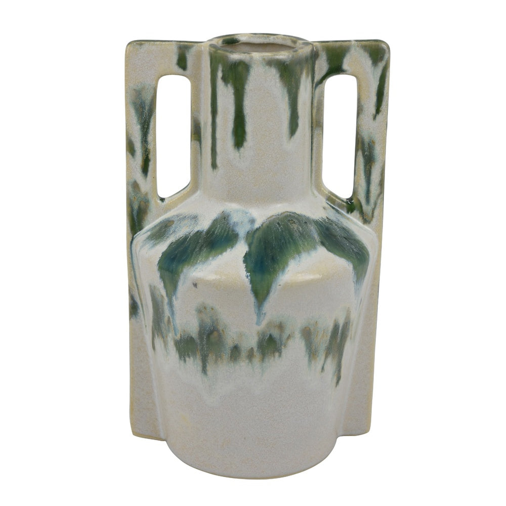 Zyma Modern Vase with Dual Handle, Green Drip Glaze, White Ceramic -BM353509
