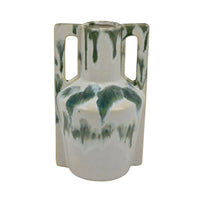 Zyma Modern Vase with Dual Handle, Green Drip Glaze, White Ceramic -BM353509