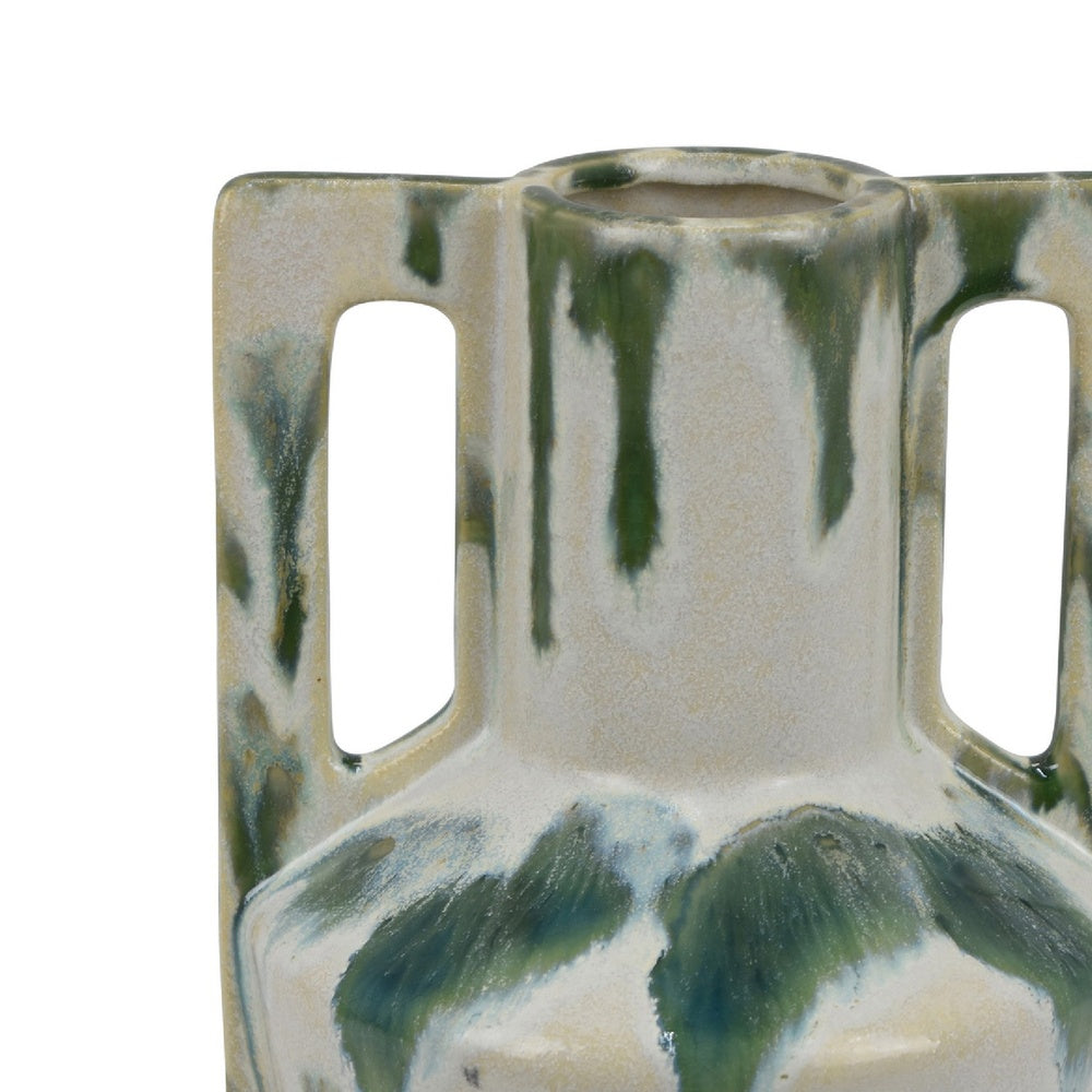 Zyma Modern Vase with Dual Handle, Green Drip Glaze, White Ceramic -BM353509