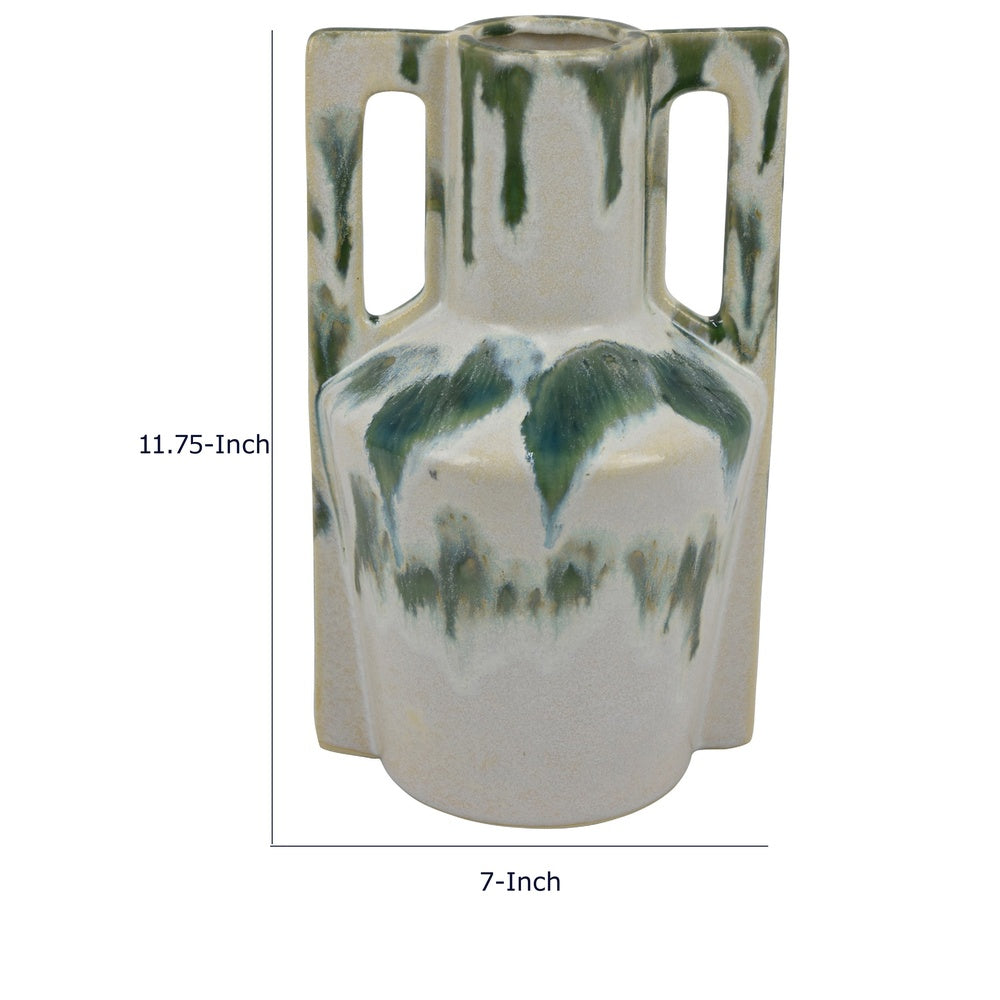 Zyma Modern Vase with Dual Handle, Green Drip Glaze, White Ceramic -BM353509