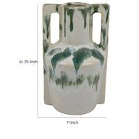 Zyma Modern Vase with Dual Handle, Green Drip Glaze, White Ceramic -BM353509