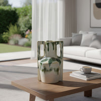 Zyma Modern Vase with Dual Handle, Green Drip Glaze, White Ceramic -BM353509